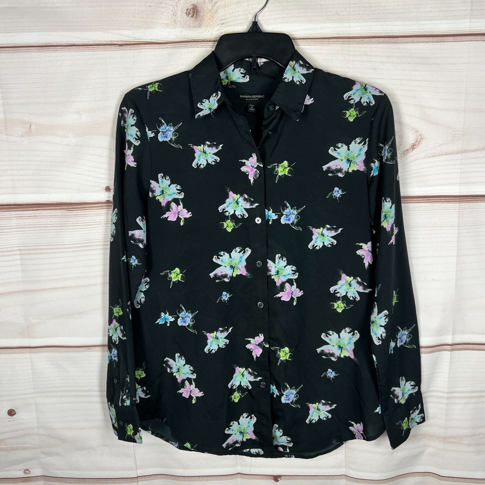 Banana Republic Top Womens PS Black‎ Floral Dillon Shirt Button Up Lightweight
